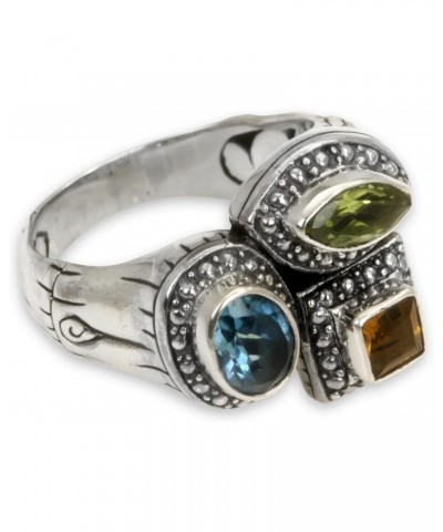 Artisan Handmade Multigemstone Cocktail Ring Balinese .925 Sterling Silver Citrine Blue Topaz Peridot Green Multicolor Yellow...