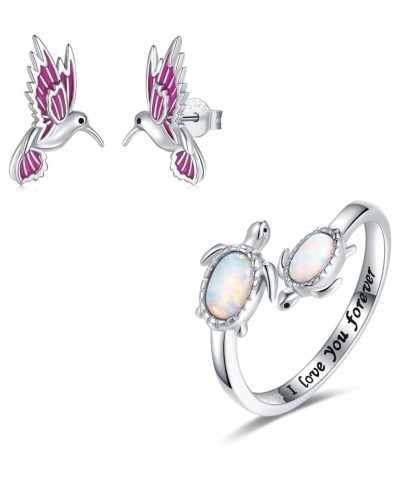 925-Sterling-Silver Opal Sea Turtle Earrings and Hummingbird Stud Earrings Jewellery Set $22.79 Earrings