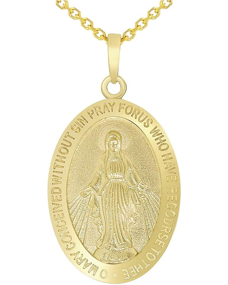 Solid 14k Yellow Gold Classic Miraculous Medallion of the Virgin Mary Pendant Necklace with Cable, Curb, or Figaro Chain 22 I...