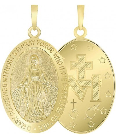 Solid 14k Yellow Gold Classic Miraculous Medallion of the Virgin Mary Pendant Necklace with Cable, Curb, or Figaro Chain 22 I...