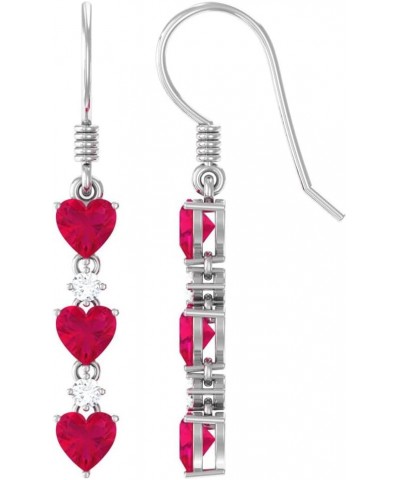 Natural Ruby Heart Dangle Earrings with Moissanite | 3 Cttw | AAA Quality | July Birthstone 10K White Gold $278.98 Earrings