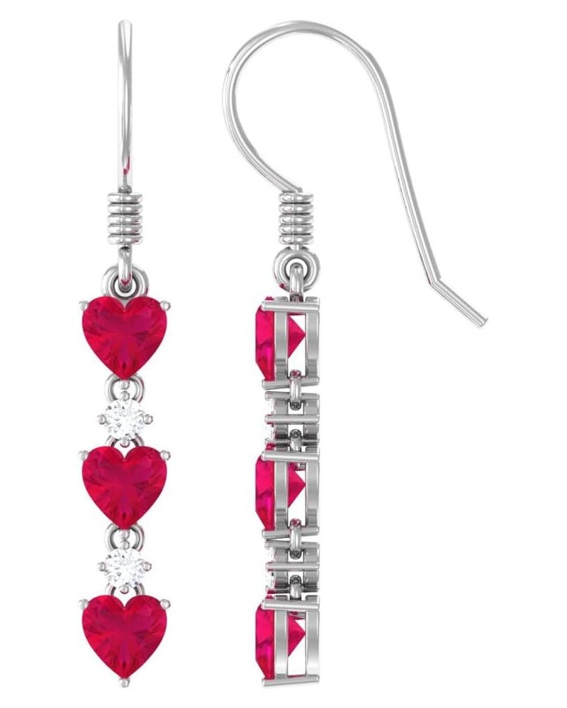 Natural Ruby Heart Dangle Earrings with Moissanite | 3 Cttw | AAA Quality | July Birthstone 10K White Gold $278.98 Earrings