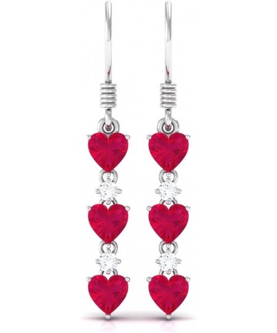 Natural Ruby Heart Dangle Earrings with Moissanite | 3 Cttw | AAA Quality | July Birthstone 10K White Gold $278.98 Earrings