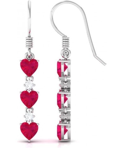 Natural Ruby Heart Dangle Earrings with Moissanite | 3 Cttw | AAA Quality | July Birthstone 10K White Gold $278.98 Earrings