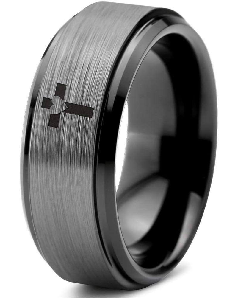 Heart Cross Christian Ring - Tungsten Band 8mm - Men - Women - 18k Rose Gold Step Bevel Edge - Yellow - Grey - Blue - Black -...