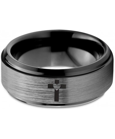 Heart Cross Christian Ring - Tungsten Band 8mm - Men - Women - 18k Rose Gold Step Bevel Edge - Yellow - Grey - Blue - Black -...