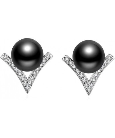 V-Shape AAA+ Synthetic Pearl Stud Earrings Silver Plated Jewelry for Women Girls ED325 Black $6.63 Earrings