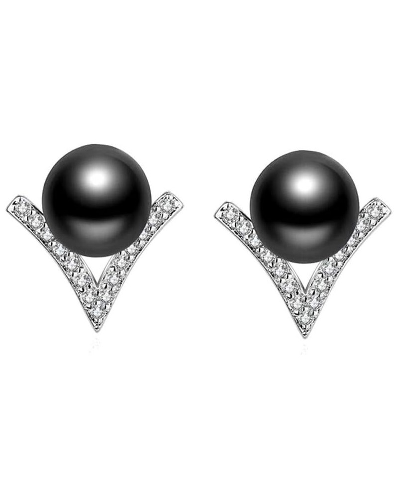 V-Shape AAA+ Synthetic Pearl Stud Earrings Silver Plated Jewelry for Women Girls ED325 Black $6.63 Earrings