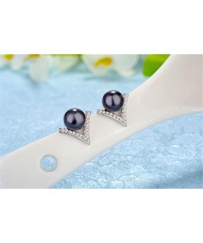 V-Shape AAA+ Synthetic Pearl Stud Earrings Silver Plated Jewelry for Women Girls ED325 Black $6.63 Earrings