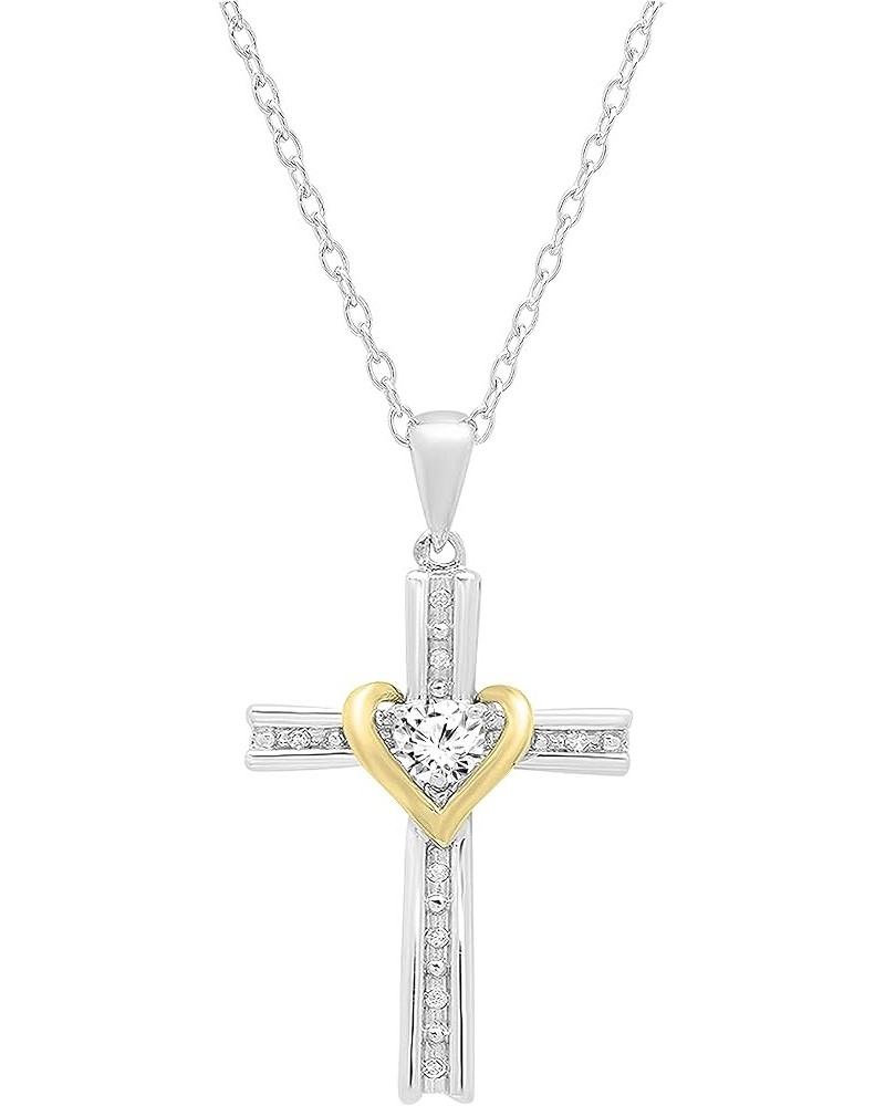 4 mm Round Gemstone & White Diamond Ladies Heart Love Cross Religious Pendant (Gold Chain Included), Available in Various Met...