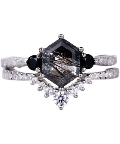 Black Rutilated Quartz Ring Set Hexagon Black Rutilated Quartz with Moissanite Engagement Rings for Women S925 Sterling Silve...