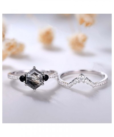 Black Rutilated Quartz Ring Set Hexagon Black Rutilated Quartz with Moissanite Engagement Rings for Women S925 Sterling Silve...