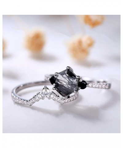 Black Rutilated Quartz Ring Set Hexagon Black Rutilated Quartz with Moissanite Engagement Rings for Women S925 Sterling Silve...