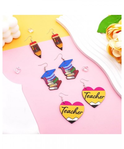 Cute Teacher Earrings Colorful Pencil Apple Book Earrings Teachers Wooden Dangle Earrings First Day of School Gifts Fun Earri...