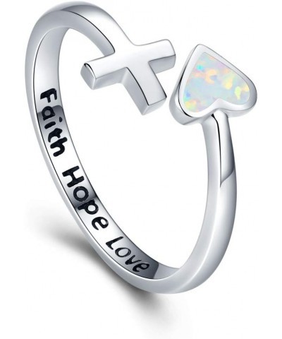 S925 Sterling Silver Love Heart Ring Engraved Faith Hope Love Blue/White Open Adjustable Opal Wrap Rings Inspirational Jewelr...