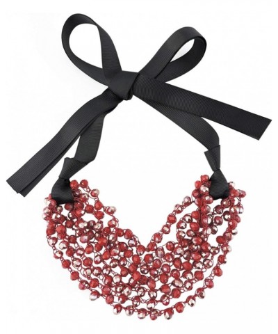 FIRSTMET Handmade Ribbon Bow Glass Beaded Collar Necklace for Women red $6.66 Necklaces