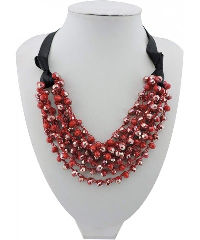 FIRSTMET Handmade Ribbon Bow Glass Beaded Collar Necklace for Women red $6.66 Necklaces