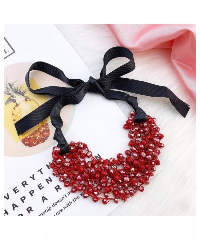 FIRSTMET Handmade Ribbon Bow Glass Beaded Collar Necklace for Women red $6.66 Necklaces