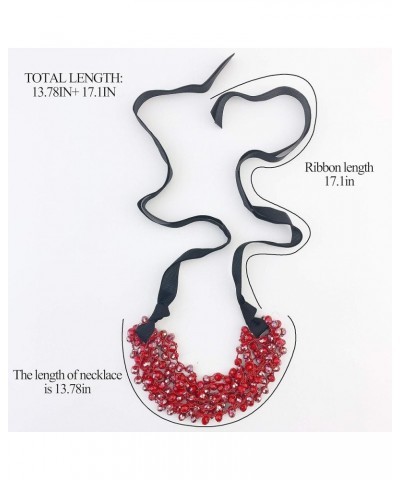 FIRSTMET Handmade Ribbon Bow Glass Beaded Collar Necklace for Women red $6.66 Necklaces