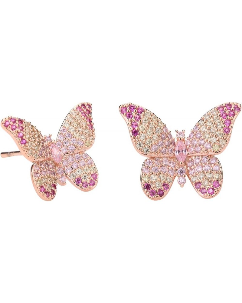 Butterfly Earrings for Women - 3D Colorful CZ Pave Butterfly Stud Earrings for Girls in Rose Gold - Cat Eye Stone Butterfly E...