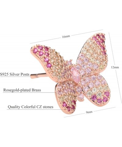 Butterfly Earrings for Women - 3D Colorful CZ Pave Butterfly Stud Earrings for Girls in Rose Gold - Cat Eye Stone Butterfly E...