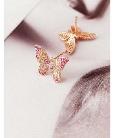 Butterfly Earrings for Women - 3D Colorful CZ Pave Butterfly Stud Earrings for Girls in Rose Gold - Cat Eye Stone Butterfly E...