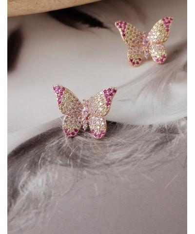 Butterfly Earrings for Women - 3D Colorful CZ Pave Butterfly Stud Earrings for Girls in Rose Gold - Cat Eye Stone Butterfly E...