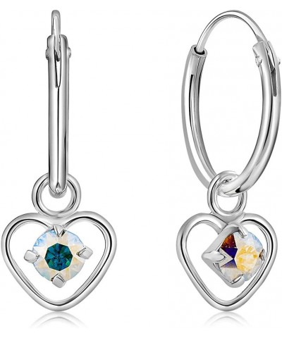 925 Sterling Silver TINY/VERY SMALL Endless Hoops/Sleepers Earrings and Dangling Heart with 3 mm Crystals from Swarovski Elem...