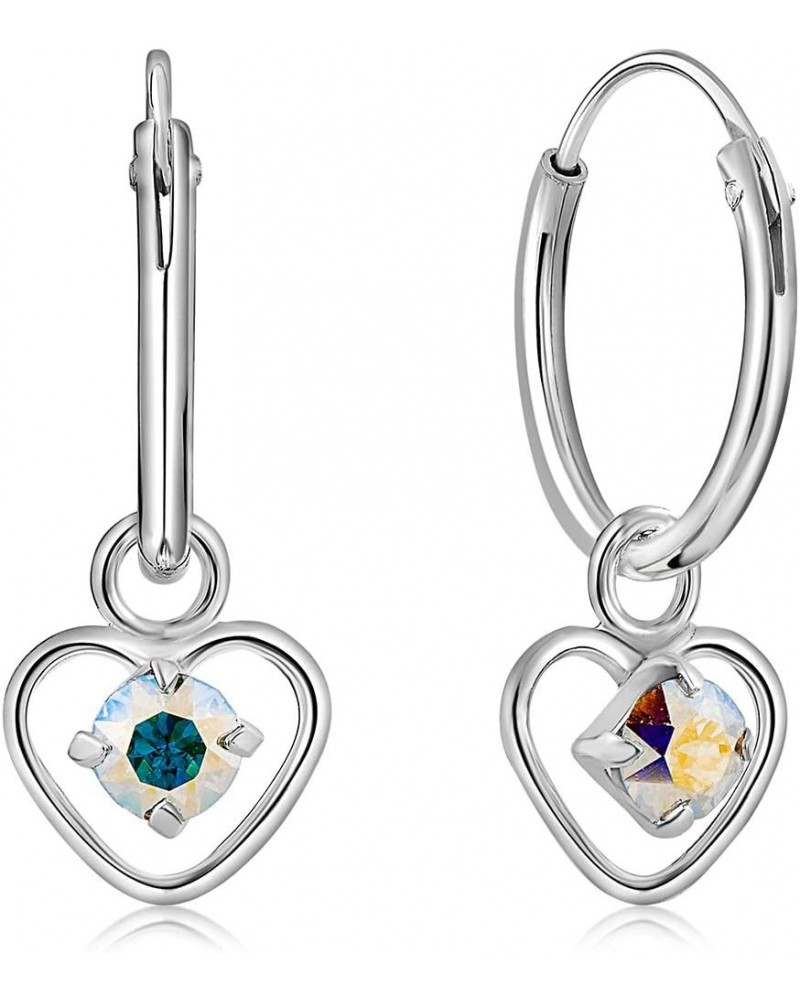 925 Sterling Silver TINY/VERY SMALL Endless Hoops/Sleepers Earrings and Dangling Heart with 3 mm Crystals from Swarovski Elem...