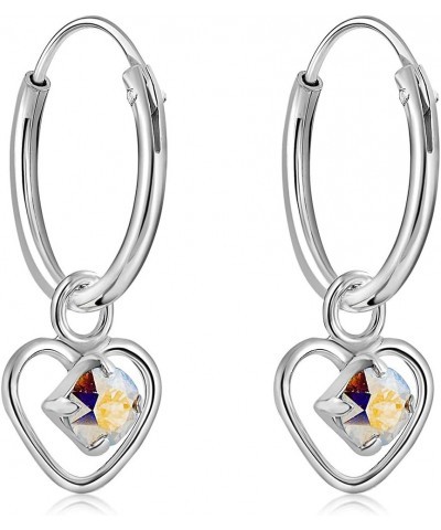 925 Sterling Silver TINY/VERY SMALL Endless Hoops/Sleepers Earrings and Dangling Heart with 3 mm Crystals from Swarovski Elem...