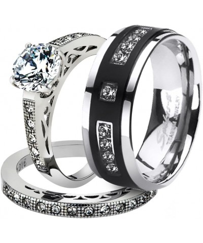 His and Her Stainless Steel 1.39 Carat Cubic Zirconia Bridal Set and Men's Titanium Wedding Band Women's Size 05 Men's Size 0...