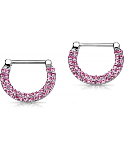 14G Surgical Steel & Gold IP Plated Double Lined Crystal Gemmed Nipple Piercing Clicker Ring Set Pink $14.99 Body Jewelry