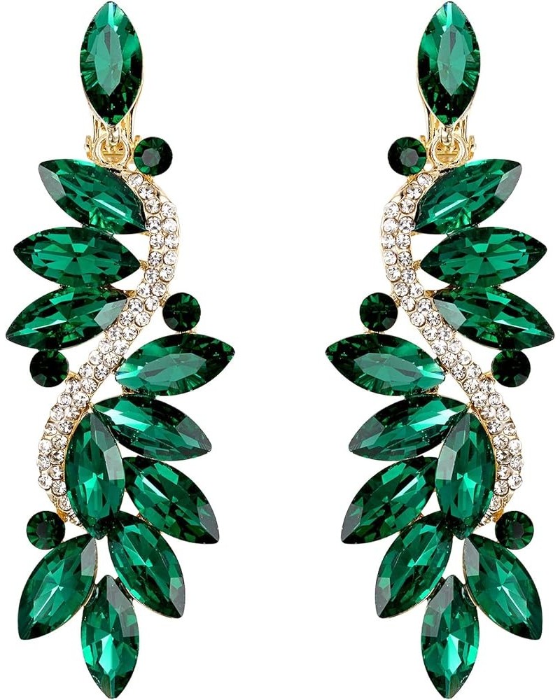 Women's Wedding Bridal Crystal Multi Marquise Filigree Flower Chandelier Clip-On Dangle Earrings Emerald Color Gold-Tone $10....