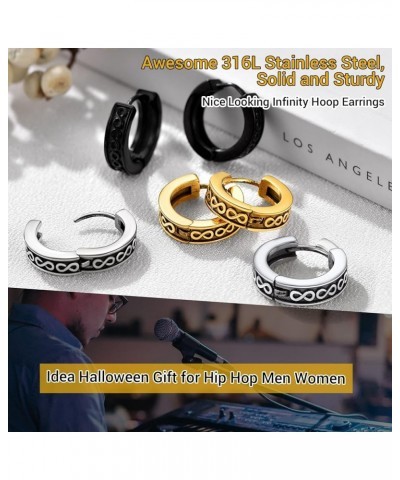 Small Chunky Hoop Earrings for Men Women, Skull/Infinity、Spike/Cuban Link Design Options, Black/18K Gold Plated 316L Stainles...