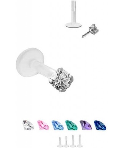 925 Sterling Silver Labret Nose Ring Stud Bioflex Post 3/16, 1/4, 9/32, 5/16, 3/8 2.5mm CZ 16G or 18G 18G - Purple - 1/4" Lab...