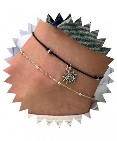 Boho Layered Wax Rope Anklets Vintage Sun Pendant Ankle Bracelet Silver Sun Anklet Bracelet Satellite Anklet Ball Beaded Foot...