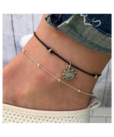 Boho Layered Wax Rope Anklets Vintage Sun Pendant Ankle Bracelet Silver Sun Anklet Bracelet Satellite Anklet Ball Beaded Foot...