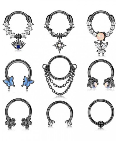 9 Pcs 16G Septum Rings for Women Stainless Steel Dangle Septum Rings Evil Eye Butterfly Star Dragon Claw Opal CZ Daith Earrin...