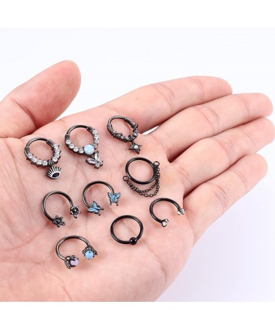 9 Pcs 16G Septum Rings for Women Stainless Steel Dangle Septum Rings Evil Eye Butterfly Star Dragon Claw Opal CZ Daith Earrin...