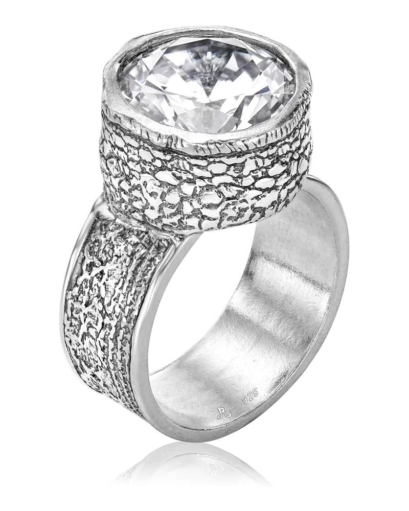 925 Sterling Silver Ring With Textured/Floral Cubic Zirconia Vintage Look Stylish Hypoallergenic, Nickel and Lead-free, Artis...