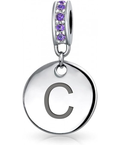 Engravable A-Z Monogram PURPLE Crystal Accent Bale Dangle Round Circle Disc Shaped Alphabet Initial Charm Bead For Women Teen...