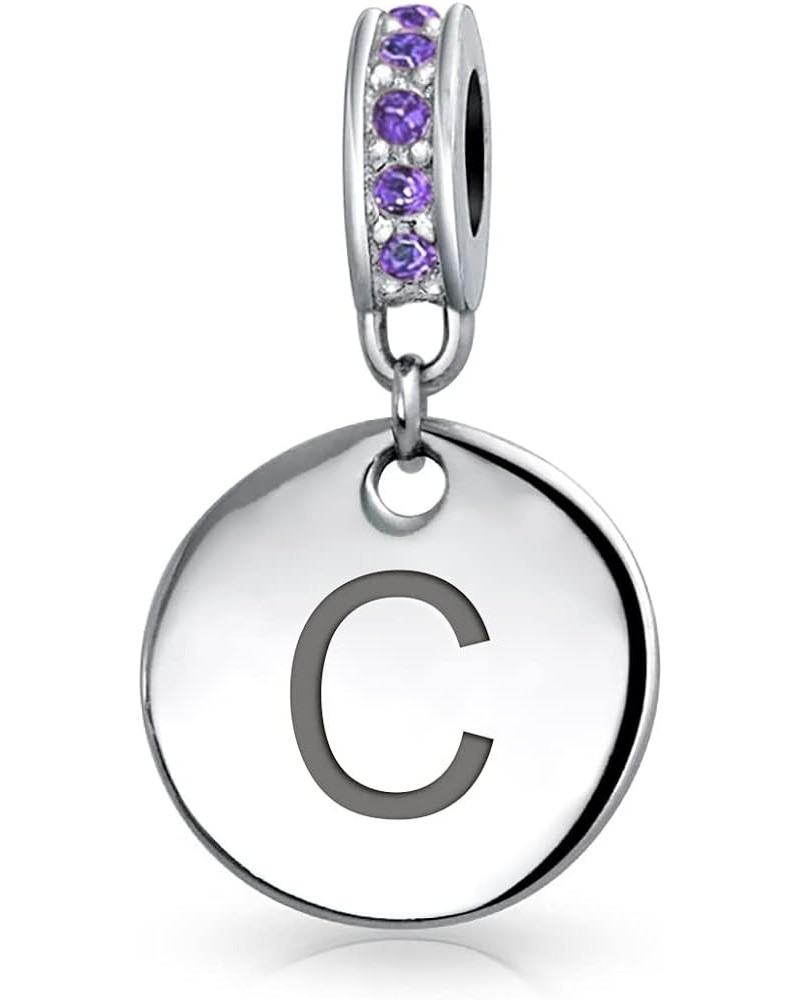 Engravable A-Z Monogram PURPLE Crystal Accent Bale Dangle Round Circle Disc Shaped Alphabet Initial Charm Bead For Women Teen...