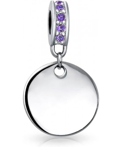 Engravable A-Z Monogram PURPLE Crystal Accent Bale Dangle Round Circle Disc Shaped Alphabet Initial Charm Bead For Women Teen...