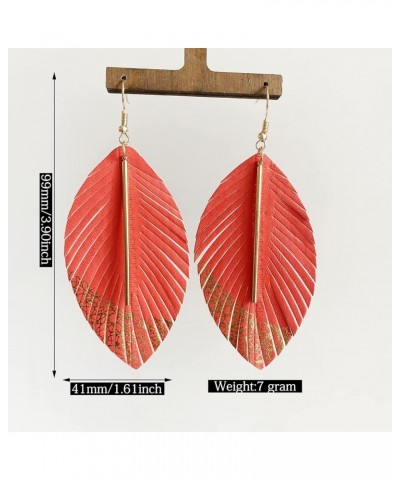 Handmade Bohemian Lightweight Soft Genuine Leather Feather Leaf Dangle Drop Earring Sparkle Real Leather Large Leaf Hook Earr...