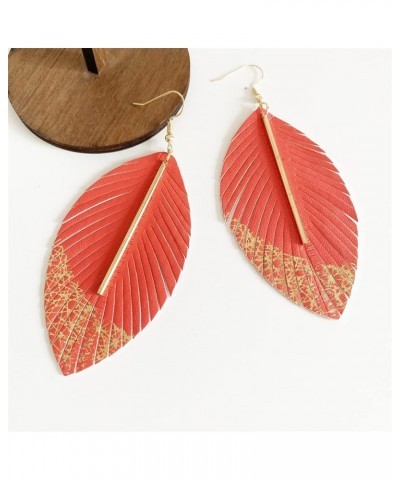 Handmade Bohemian Lightweight Soft Genuine Leather Feather Leaf Dangle Drop Earring Sparkle Real Leather Large Leaf Hook Earr...