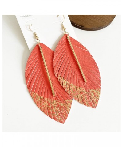 Handmade Bohemian Lightweight Soft Genuine Leather Feather Leaf Dangle Drop Earring Sparkle Real Leather Large Leaf Hook Earr...