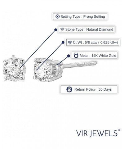 1/2 to 2 cttw Diamond Stud Earrings 14K White Gold Round Screw Backs 0.63 carats $172.05 Earrings