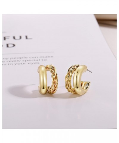 Gold Chunky Hoop Earrings For Women Statement Earrings Double Hoop 14K Gold Plated Twist Small Thick Open Hoop Hypoallergenic...