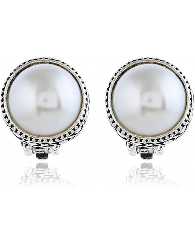 JustVintage Silver Tone Gothic Carved Pearl Ear Clips For Men Women Boys Girls White $10.43 Earrings