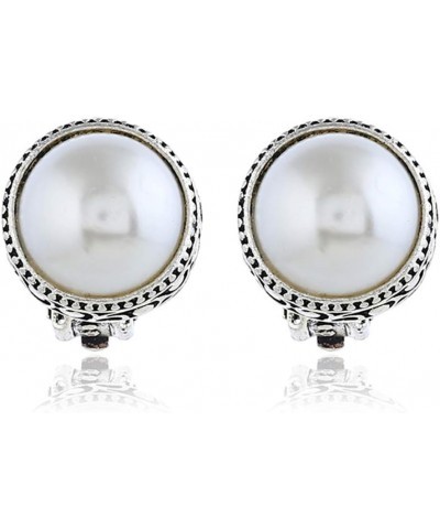 JustVintage Silver Tone Gothic Carved Pearl Ear Clips For Men Women Boys Girls White $10.43 Earrings